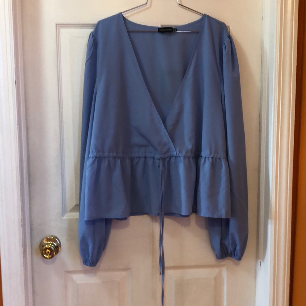 Pretty Little Thing  puff sleeves wrap front tie waist  romantic blue top SZ 16